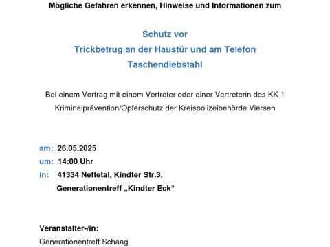 Veranstaltungen_Plakat Vortrag Betrug an Tür & Telefon